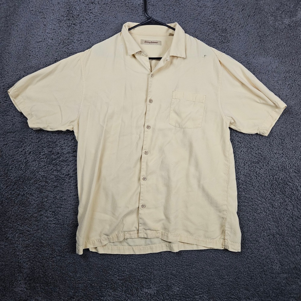 Tommy Bahama‎ Silk Camp Shirt Mens Large Beige Short Sleeve Casual